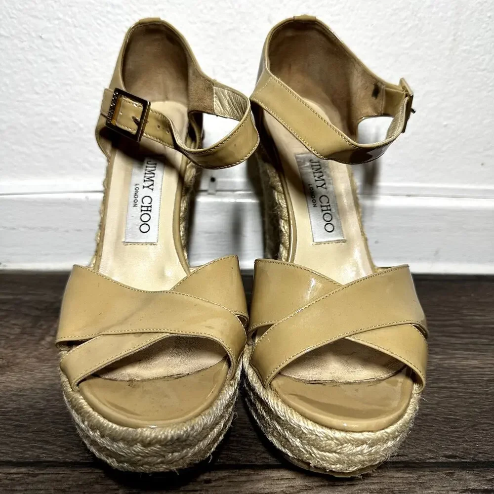 Jimmy Choo Porto Espadrille Wedge Sandals Patent Crisscross Straps Tan 36.5 6